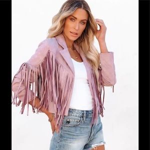 Walford Cropped Fringe Faux Suede Jacket-Lavender